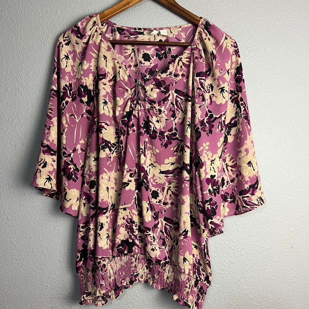 Cato‎ Floral Blouse Smocked Waist Watercolor Floral Kimono SL Top Purple 18/20W